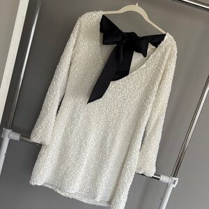 White Sequin Long Sleeve Dress with Black Bow